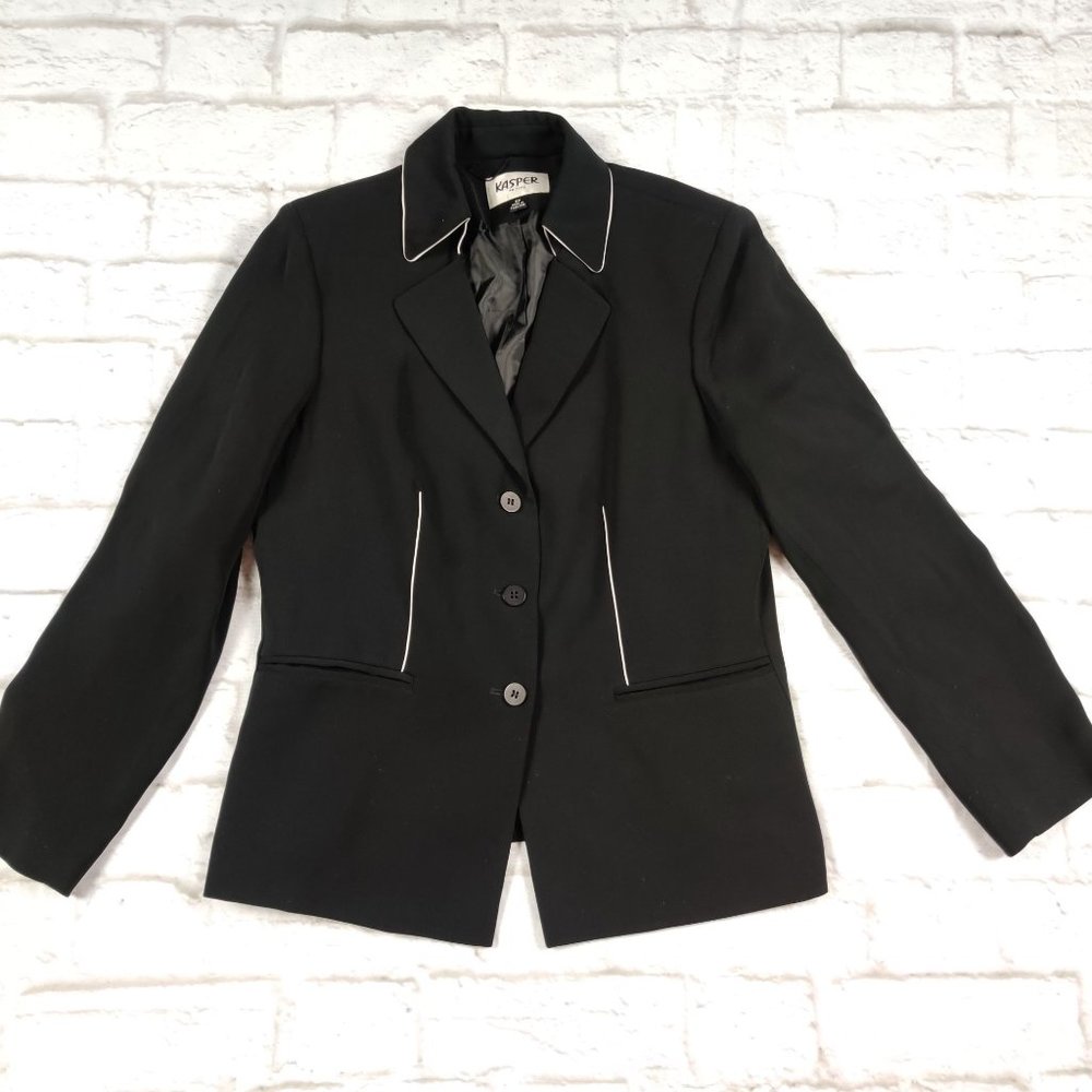 KASPER Womens petite power blazer jacket single breasted black white accent  8P